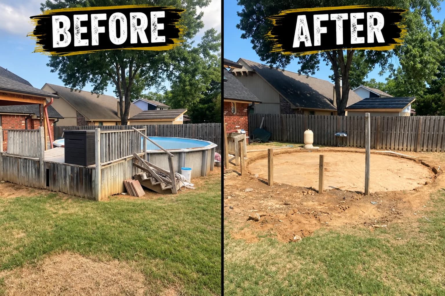 Before and after: an above-ground pool and deck removed, leaving bare ground